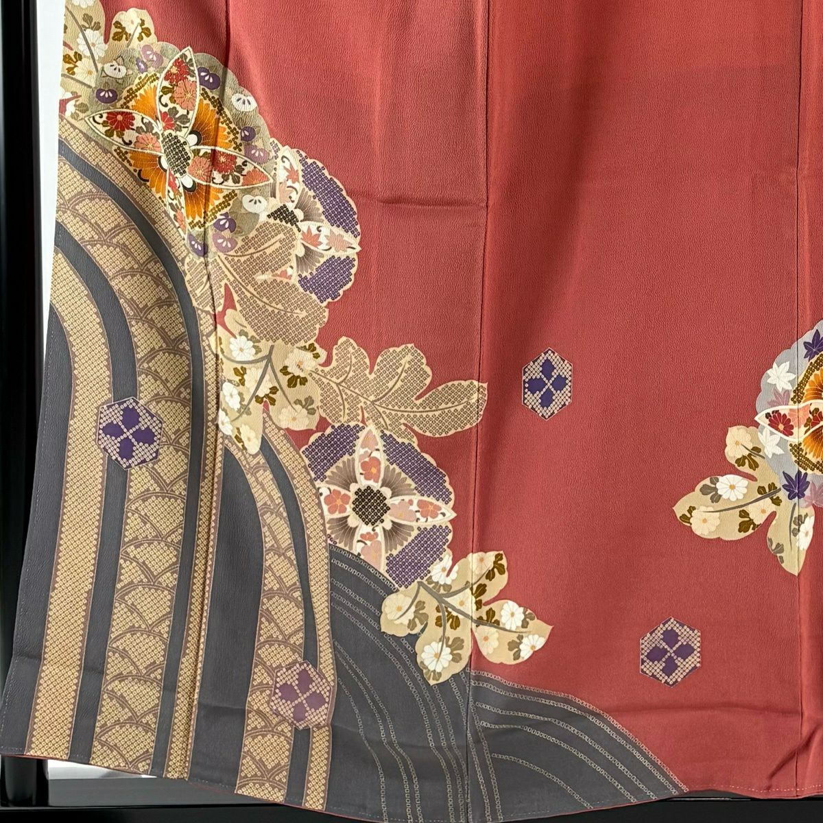 付下 身長156cm 袖長67cm M 雙層 落款 菊花 花紋 青海波 金銀彩 染分 濃粉紅 純蠶絲 優品級