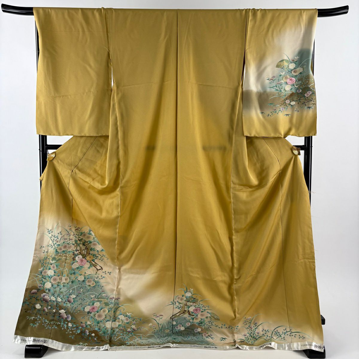 訪問服 身長177.5cm 袖長69.5cm 未仕立 雜花圖 御所車 菊花花刺繡 金線 芥末色 純蠶絲 優品級