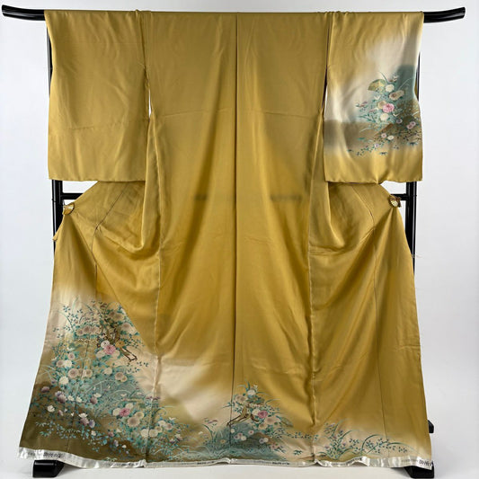 訪問服 身長177.5cm 袖長69.5cm 未仕立 雜花圖 御所車 菊花花刺繡 金線 芥末色 純蠶絲 優品級