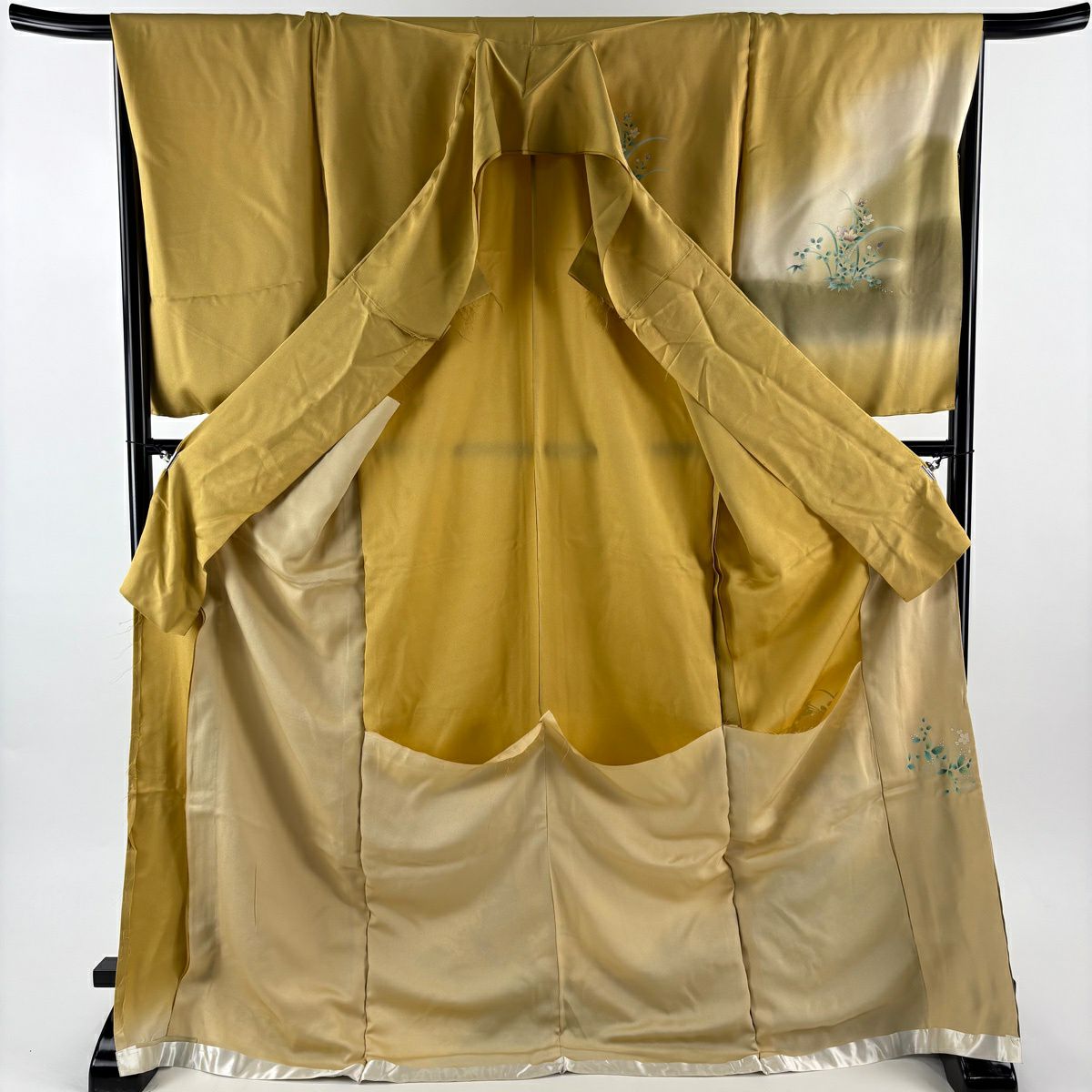 訪問服 身長177.5cm 袖長69.5cm 未仕立 雜花圖 御所車 菊花花刺繡 金線 芥末色 純蠶絲 優品級