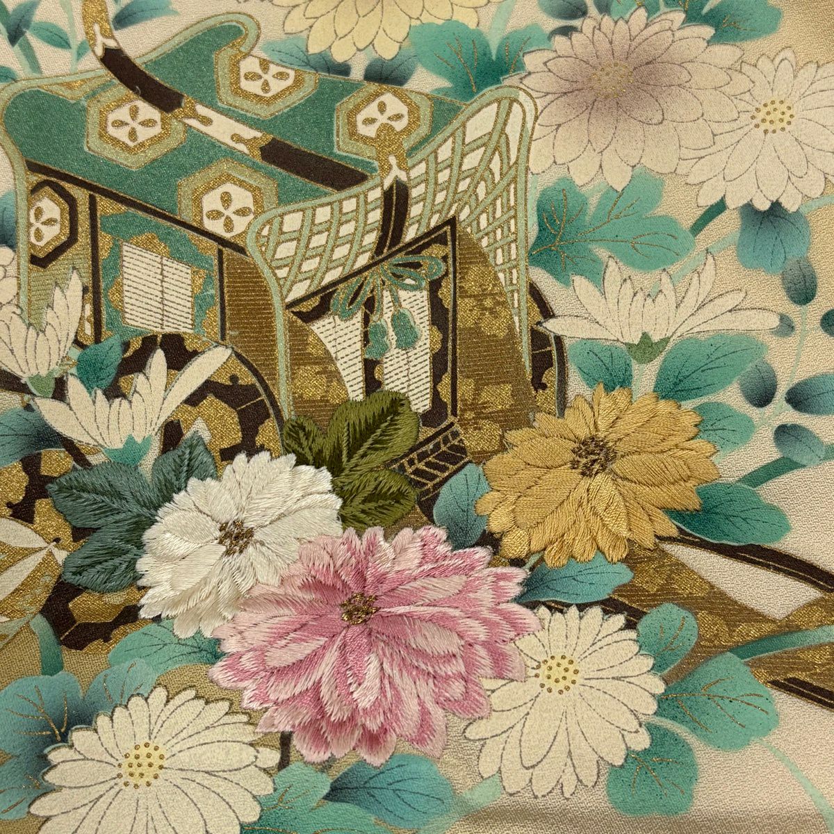 訪問服 身長177.5cm 袖長69.5cm 未仕立 雜花圖 御所車 菊花花刺繡 金線 芥末色 純蠶絲 優品級