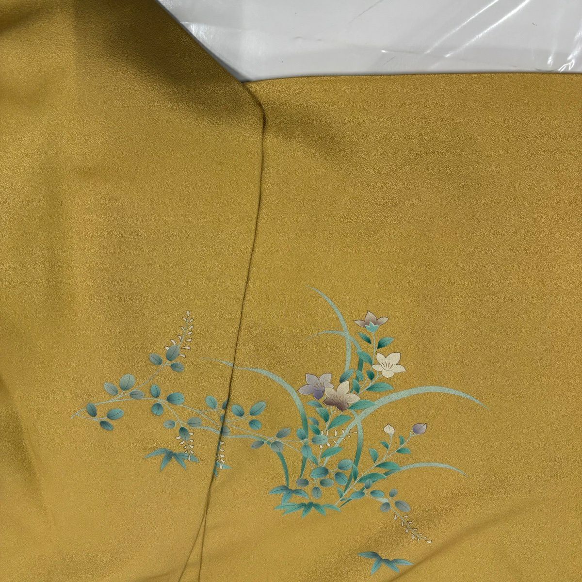 訪問服 身長177.5cm 袖長69.5cm 未仕立 雜花圖 御所車 菊花花刺繡 金線 芥末色 純蠶絲 優品級
