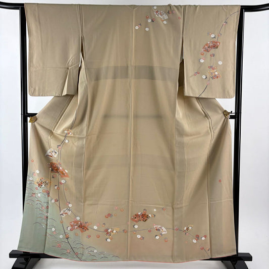 【美品】訪問服 身長161cm 袖長64cm M 雙層 落款あり 扇子面 菊花 金糸 染分 薄茶 純蠶絲 秀品級