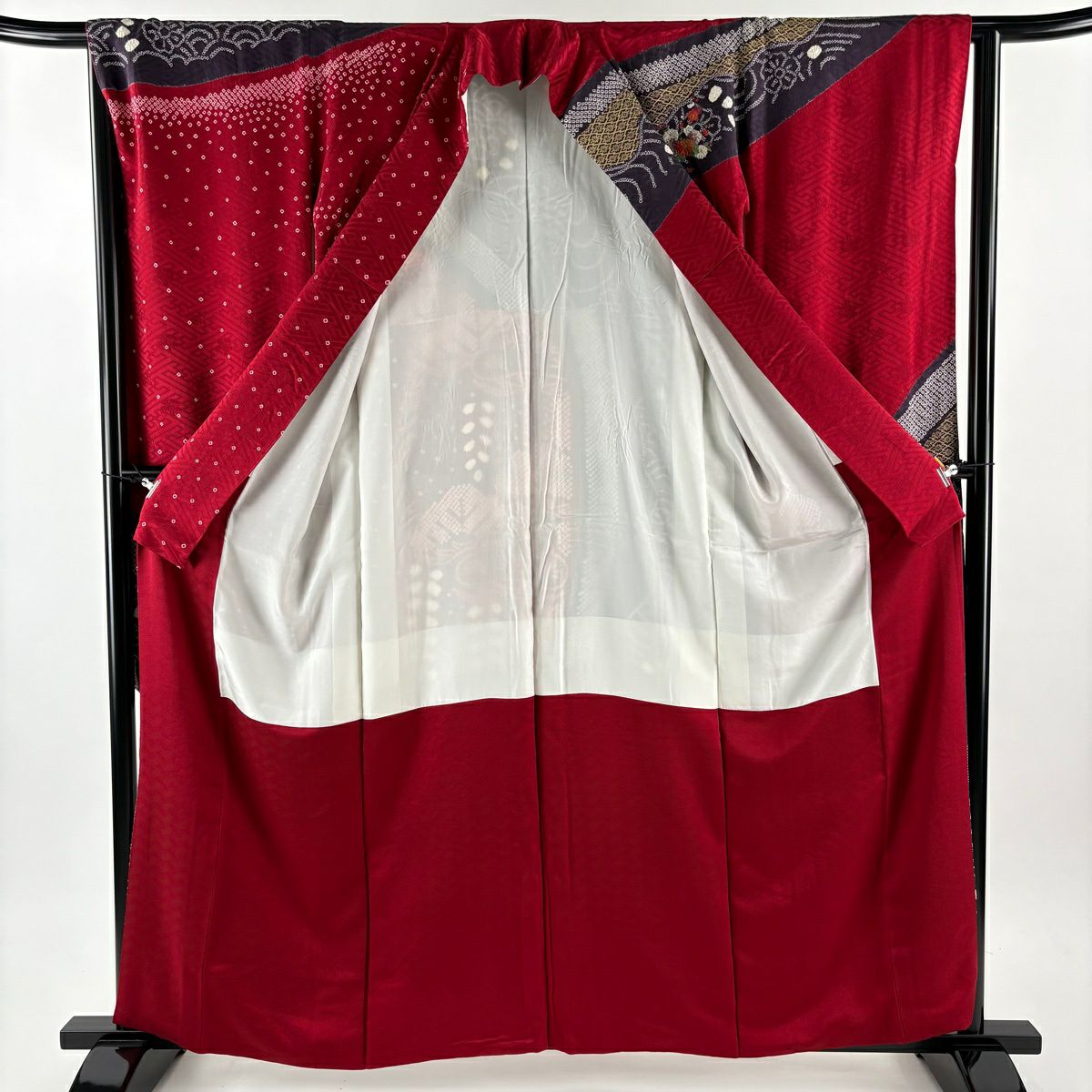 振袖禮服 身長160cm 袖長65cm M 雙層 辻花染 松樹 絞染 刺繡 紅 純蠶絲 秀品級