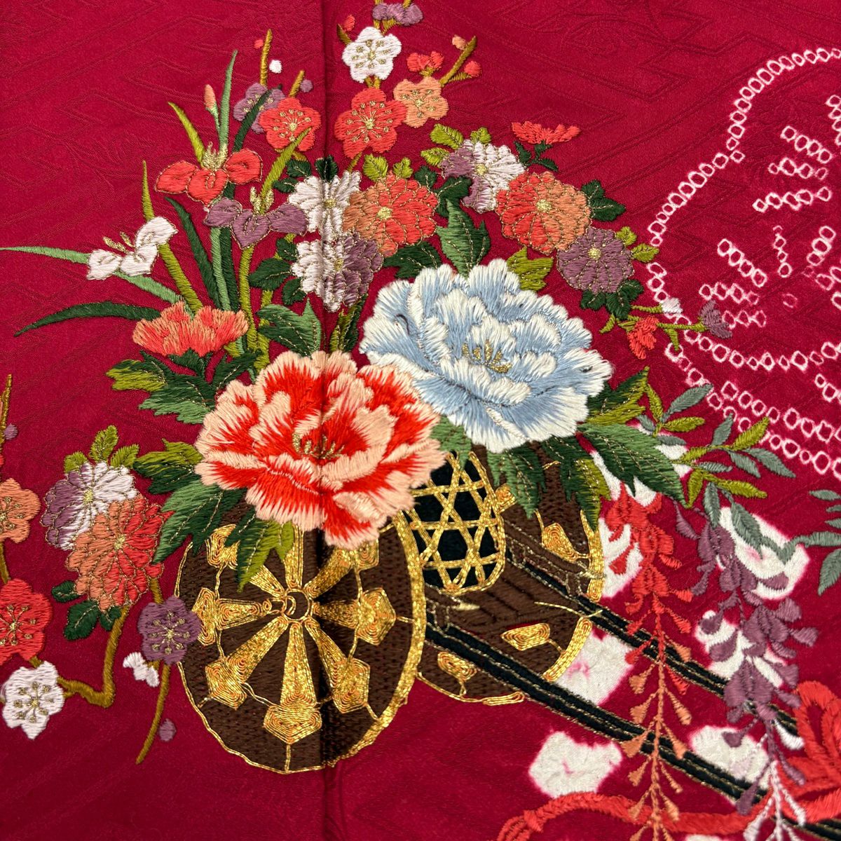 振袖禮服 身長160cm 袖長65cm M 雙層 辻花染 松樹 絞染 刺繡 紅 純蠶絲 秀品級