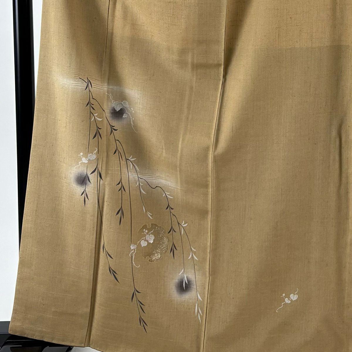 付下 身長164cm 袖長67cm M 雙層 紬織織 大和 雪輪 柳 金銀彩 漸層 淡黃土 純蠶絲 優品級