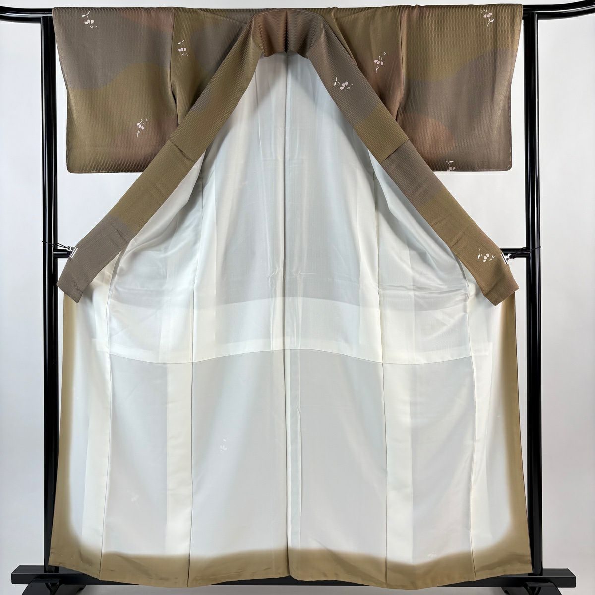 【美品】 小紋 身長160cm 袖長63cm S 雙層 草花紋紋 霞 茶 純蠶絲 秀品級