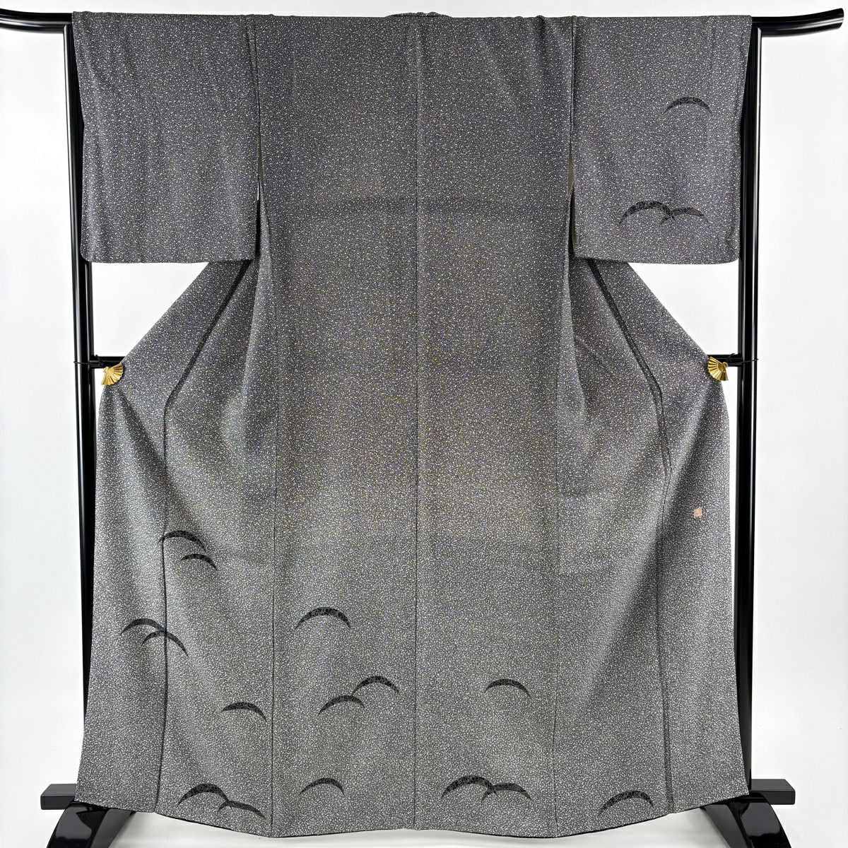 【美品】 付下 身長163cm 袖長65cm M 雙層 落款あり 芝 草花紋紋 金銀彩 黑灰 純蠶絲 秀品級