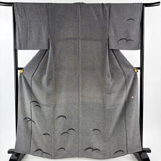 【美品】 付下 身長163cm 袖長65cm M 雙層 落款あり 芝 草花紋紋 金銀彩 黑灰 純蠶絲 秀品級