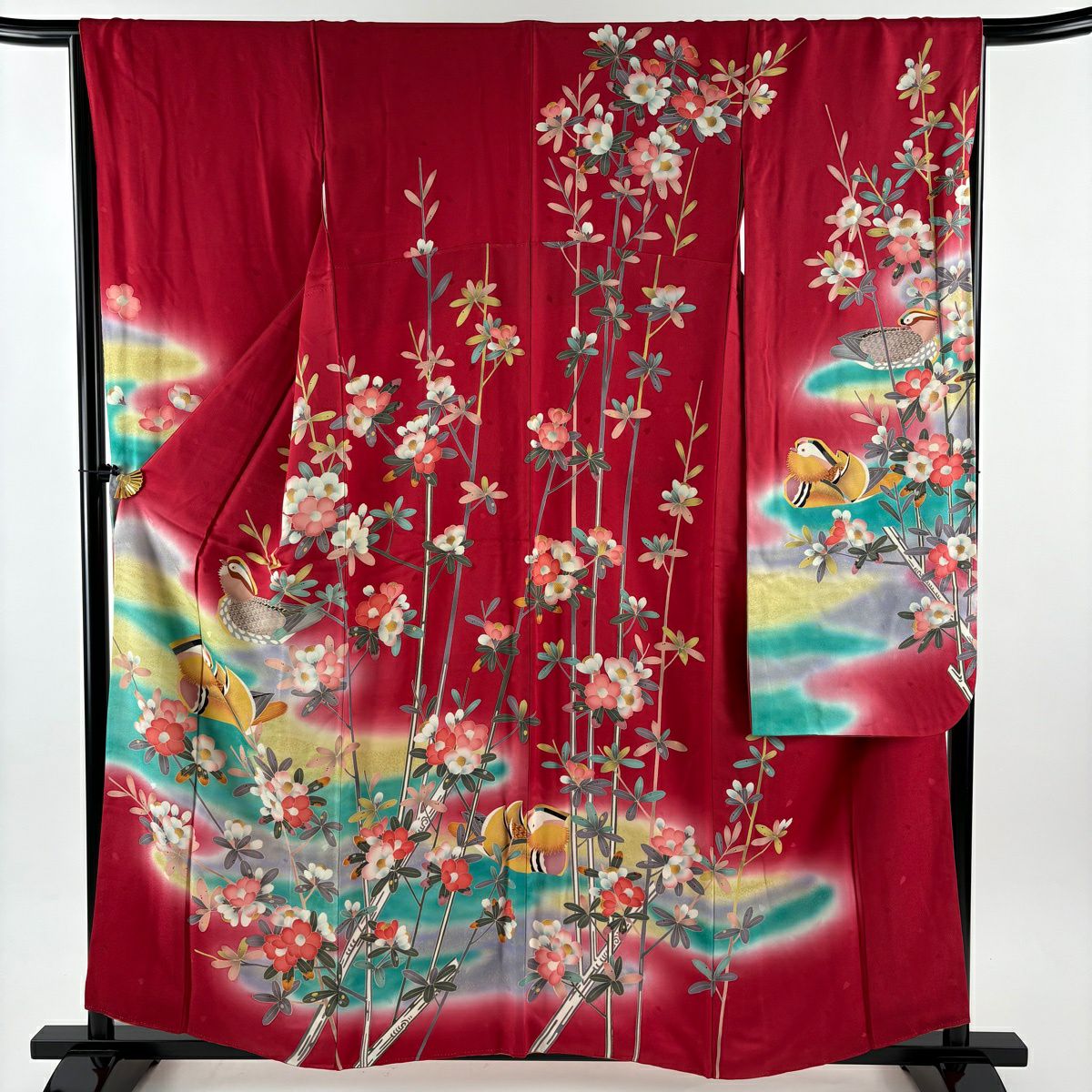 【美品】振袖禮服 身長159cm 袖長66.5cm M 雙層 鴛鴦 枝花 染分 逐漸色 茜 純蠶絲 優品級