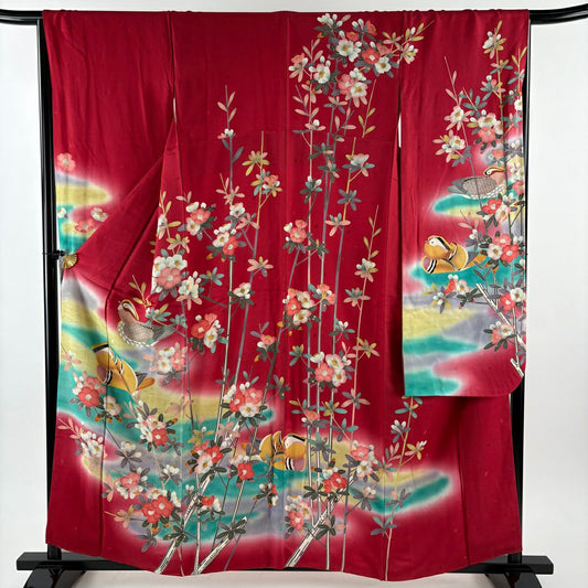 【美品】振袖禮服 身長159cm 袖長66.5cm M 雙層 鴛鴦 枝花 染分 逐漸色 茜 純蠶絲 優品級