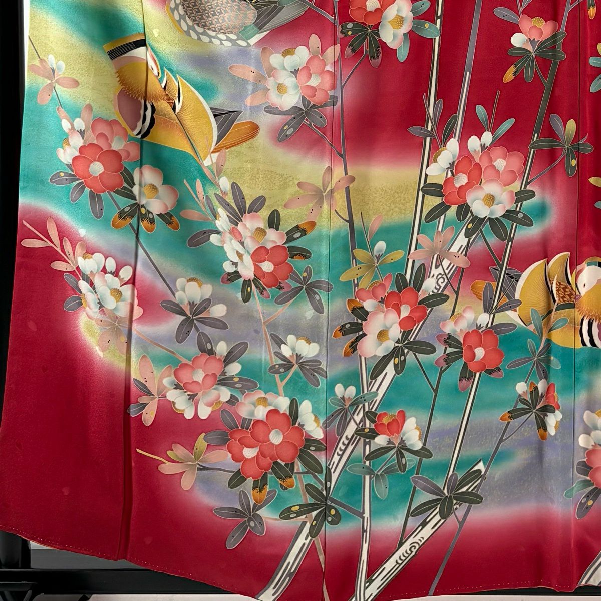 【美品】振袖禮服 身長159cm 袖長66.5cm M 雙層 鴛鴦 枝花 染分 逐漸色 茜 純蠶絲 優品級