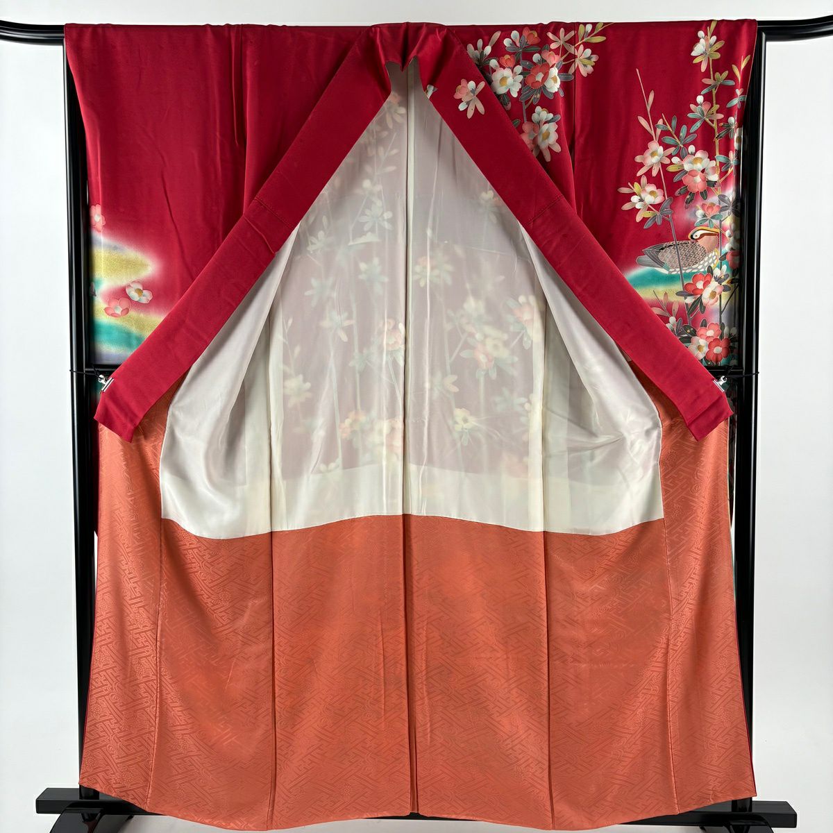 【美品】振袖禮服 身長159cm 袖長66.5cm M 雙層 鴛鴦 枝花 染分 逐漸色 茜 純蠶絲 優品級