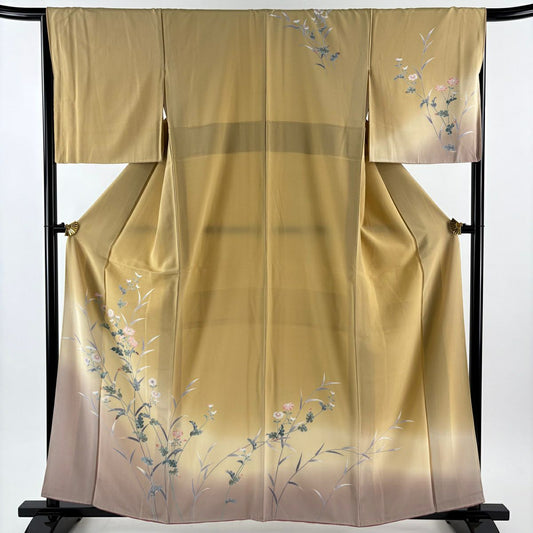 訪問服 身長159.5cm 袖長65.5cm M 雙層 草花紋紋 染分 逐漸淡化 淺黃土色 純蠶絲 優品級