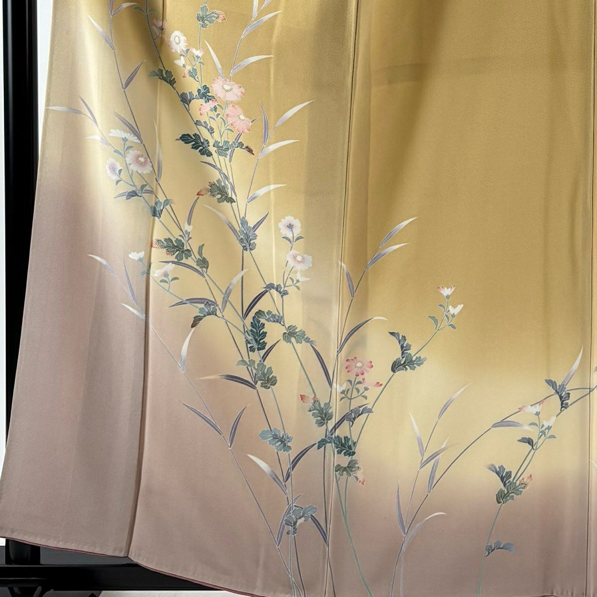 訪問服 身長159.5cm 袖長65.5cm M 雙層 草花紋紋 染分 逐漸淡化 淺黃土色 純蠶絲 優品級