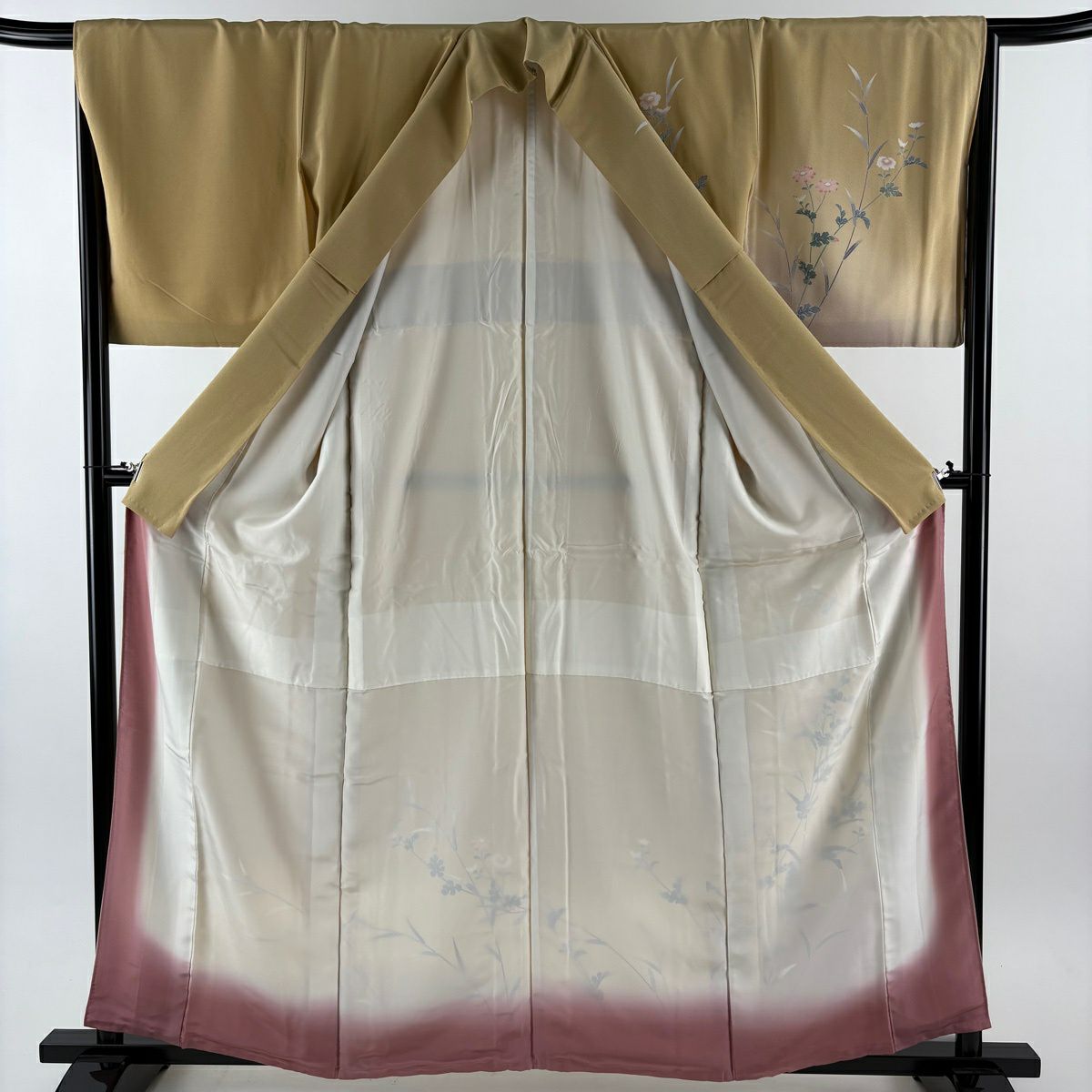 訪問服 身長159.5cm 袖長65.5cm M 雙層 草花紋紋 染分 逐漸淡化 淺黃土色 純蠶絲 優品級