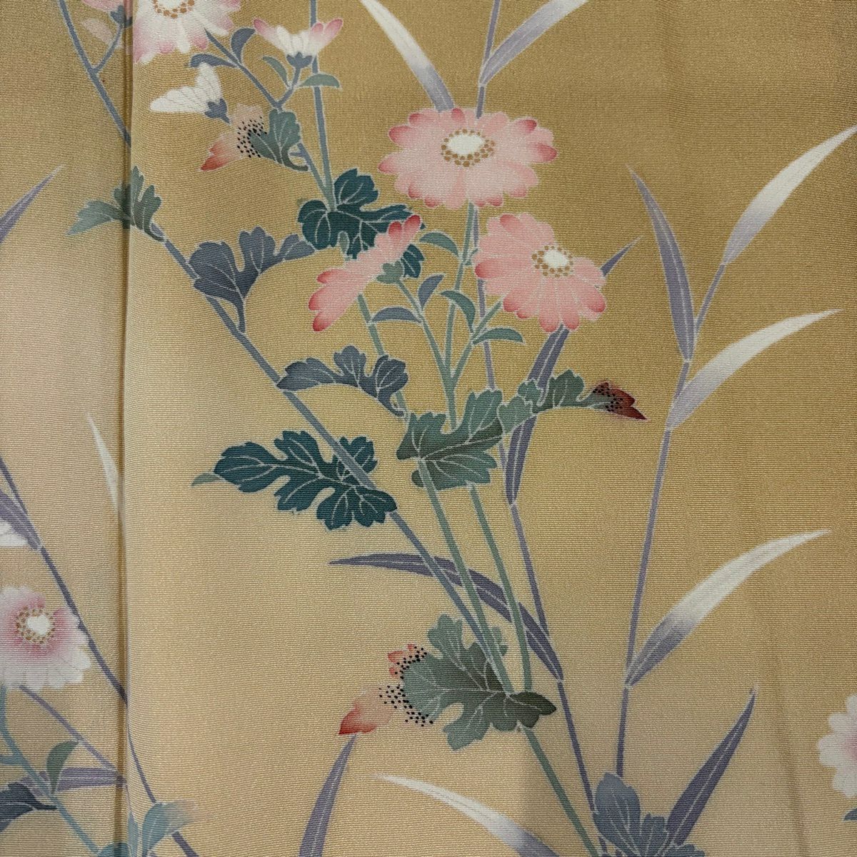 訪問服 身長159.5cm 袖長65.5cm M 雙層 草花紋紋 染分 逐漸淡化 淺黃土色 純蠶絲 優品級