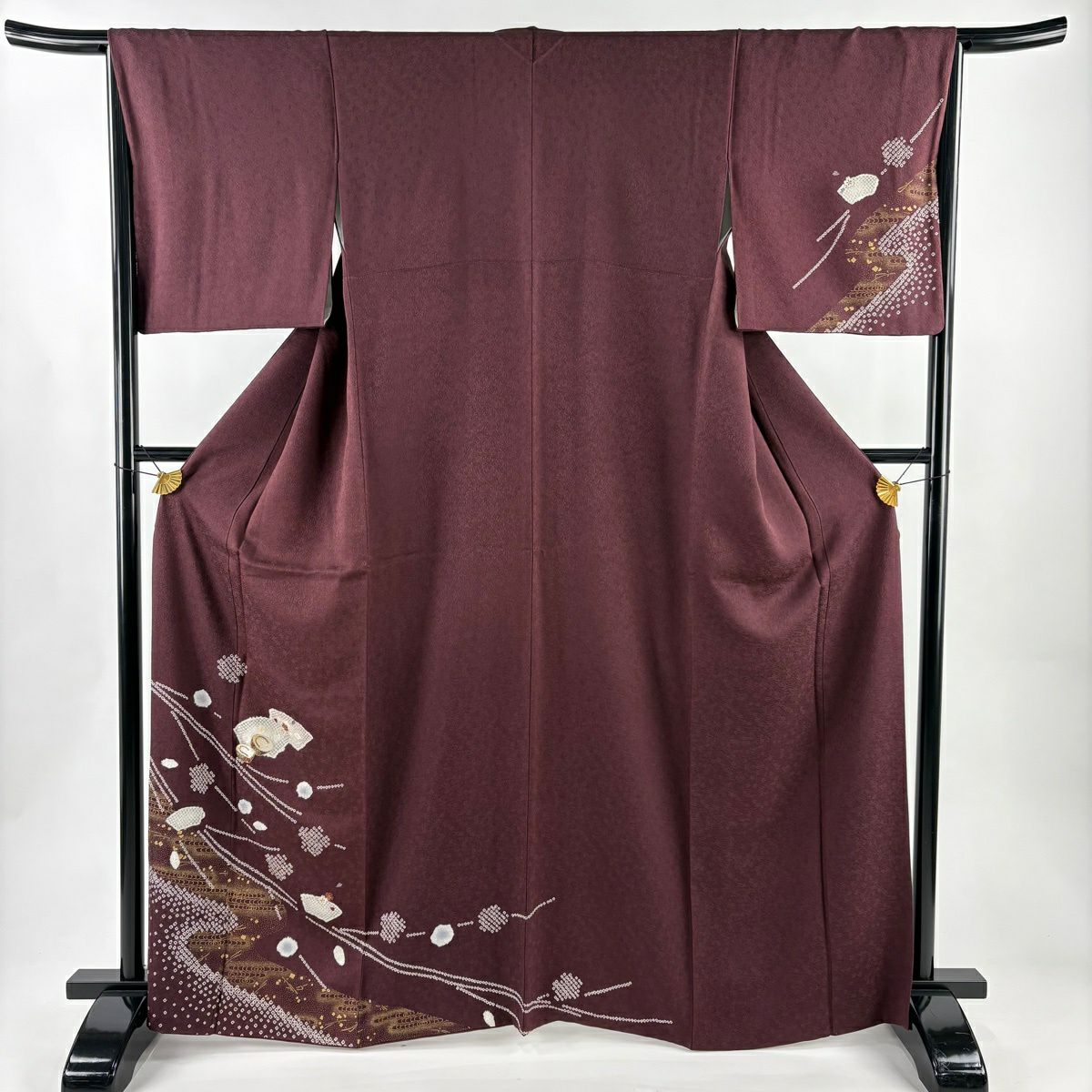付下 身長164.5cm 袖長65.5cm M 雙層 扇子面 ぽっくり 絞染 刺繡 小豆 純蠶絲 秀品級