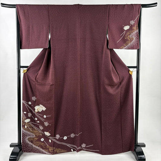 付下 身長164.5cm 袖長65.5cm M 雙層 扇子面 ぽっくり 絞染 刺繡 小豆 純蠶絲 秀品級