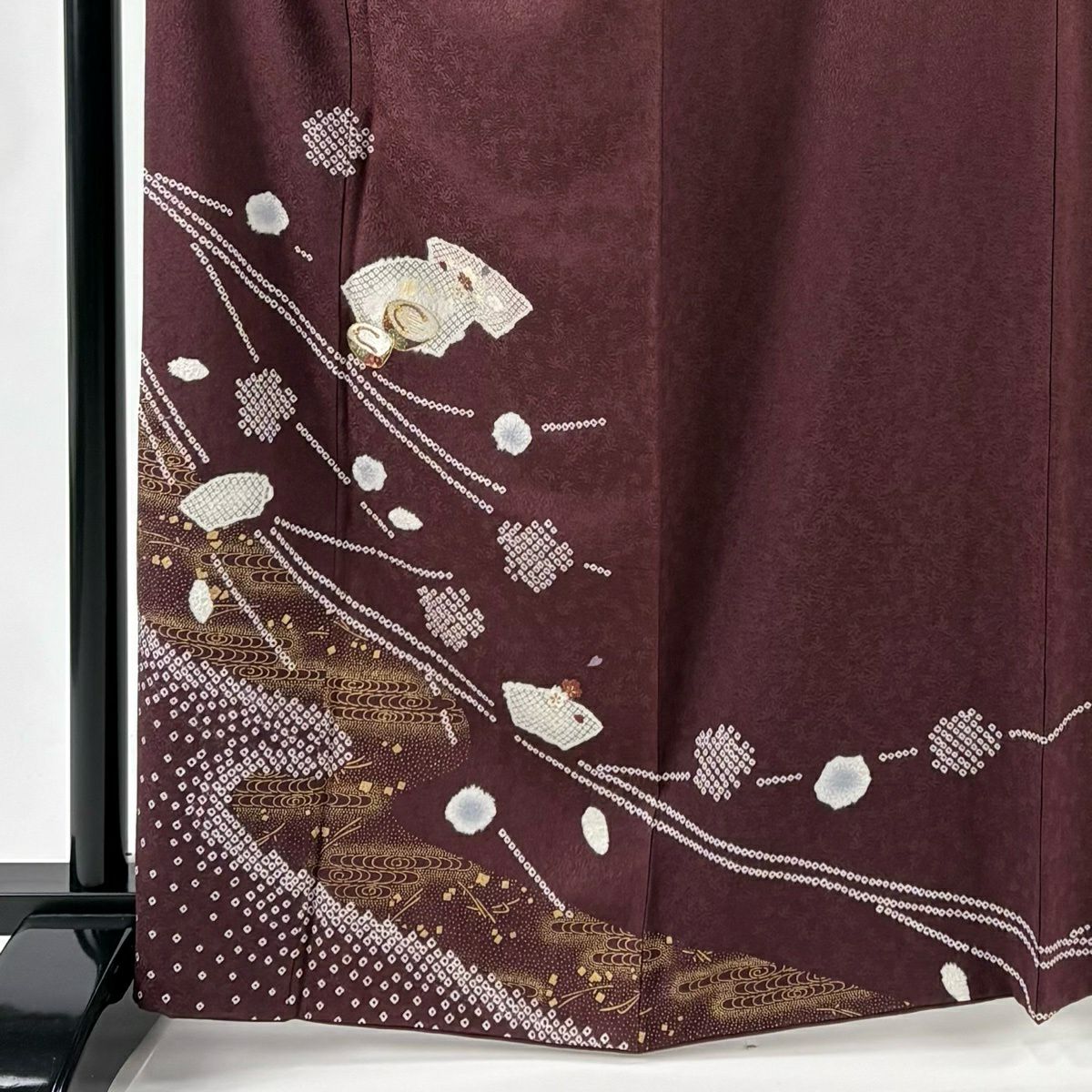 付下 身長164.5cm 袖長65.5cm M 雙層 扇子面 ぽっくり 絞染 刺繡 小豆 純蠶絲 秀品級
