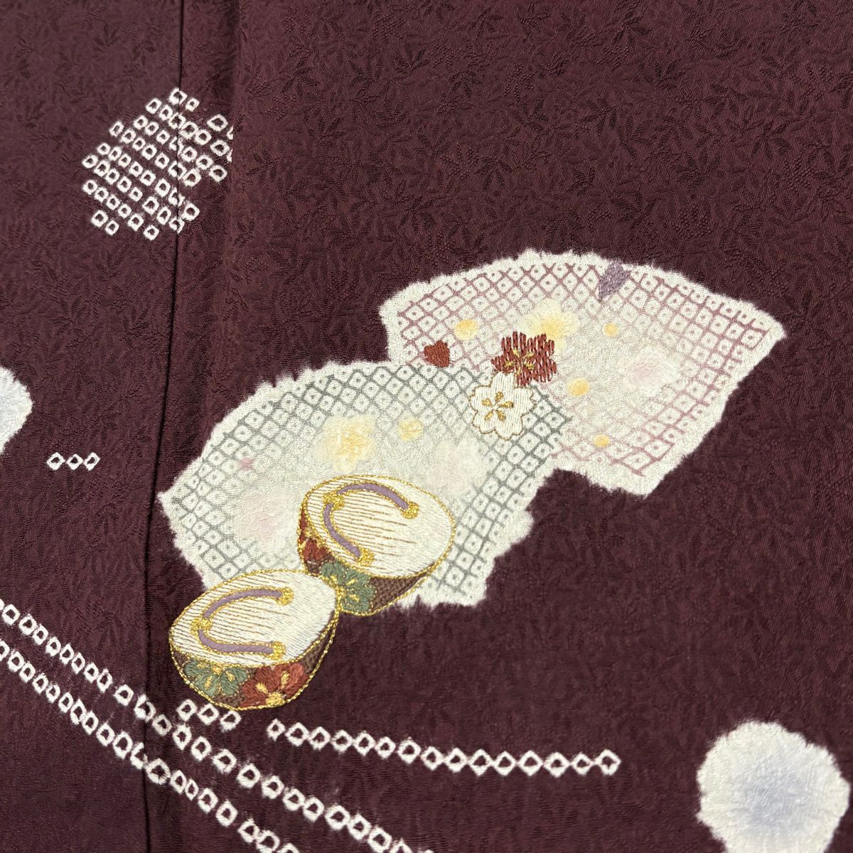 付下 身長164.5cm 袖長65.5cm M 雙層 扇子面 ぽっくり 絞染 刺繡 小豆 純蠶絲 秀品級