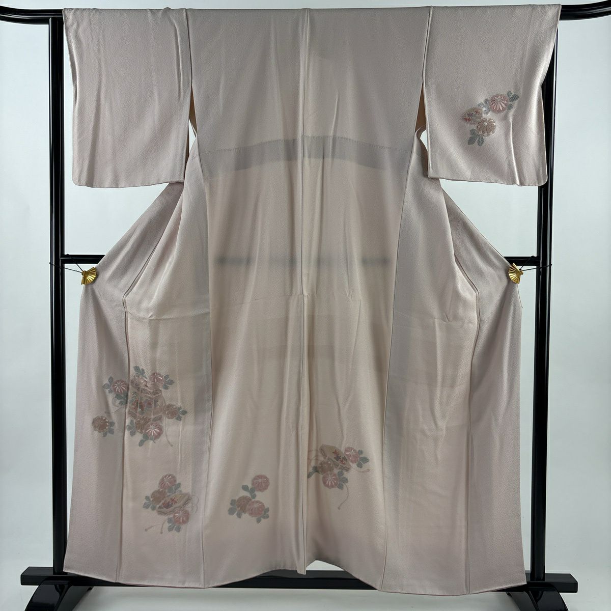 付下 身長159cm 袖長65cm M 雙層 貝桶 菊花花刺繡 淺粉色 純蠶絲 優品級
