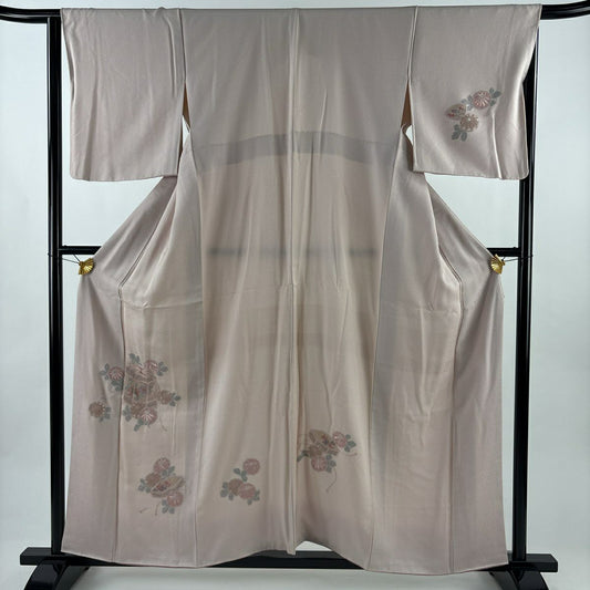 付下 身長159cm 袖長65cm M 雙層 貝桶 菊花花刺繡 淺粉色 純蠶絲 優品級