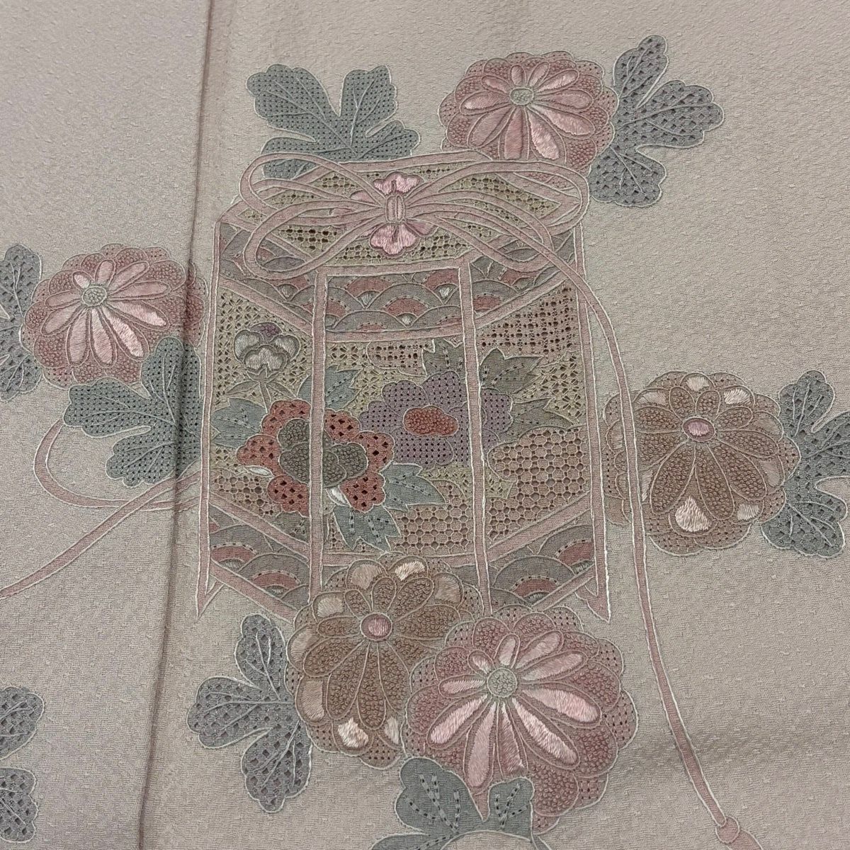 付下 身長159cm 袖長65cm M 雙層 貝桶 菊花花刺繡 淺粉色 純蠶絲 優品級