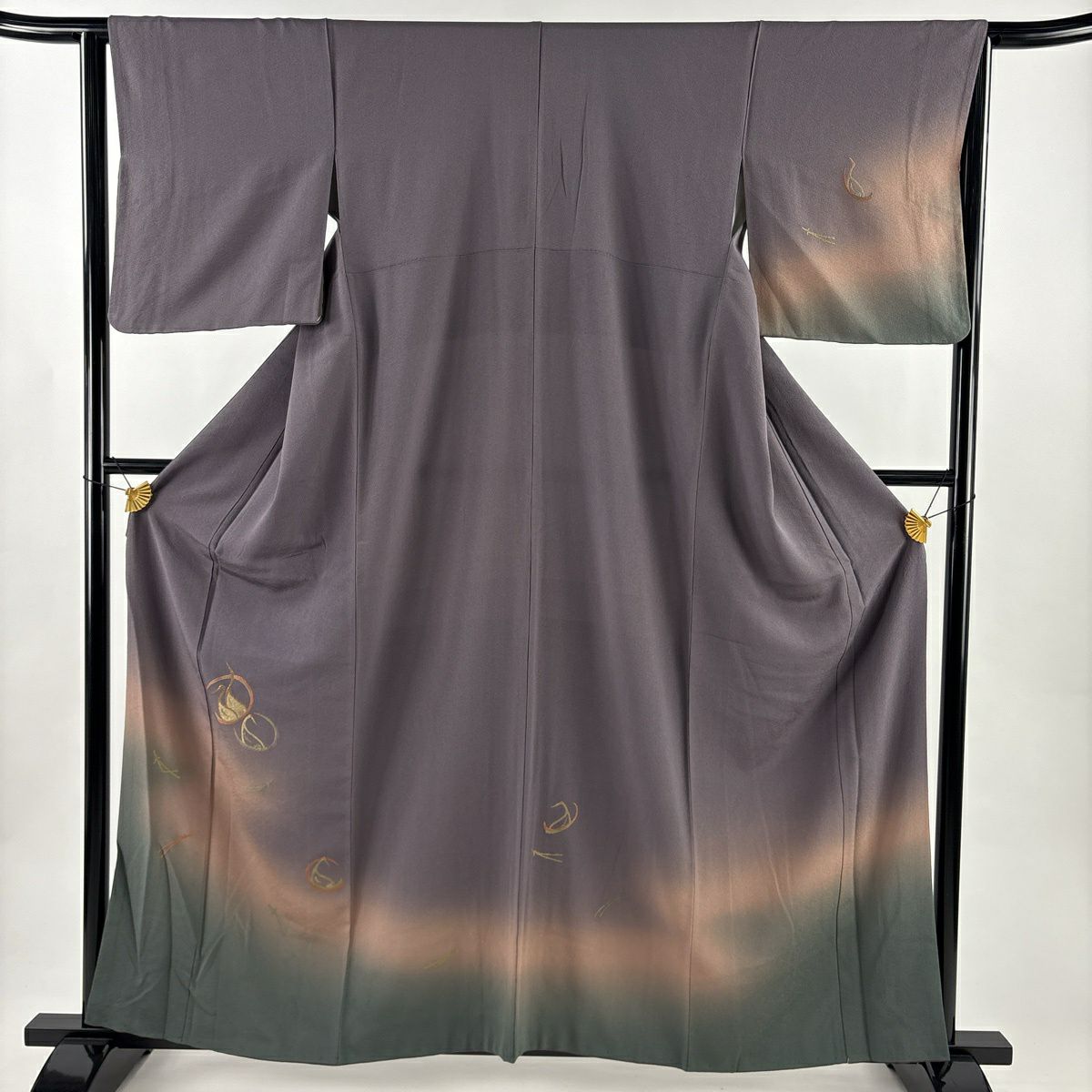 付下 身長160cm 袖長63.5cm S 雙層 仙鶴 松樹 金金箔 刺繡 灰紫 純蠶絲 優品級