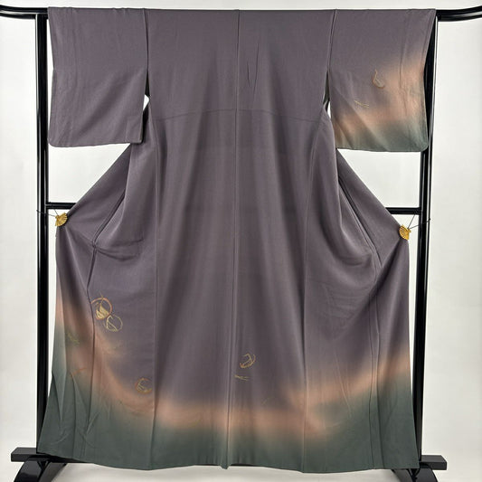 付下 身長160cm 袖長63.5cm S 雙層 仙鶴 松樹 金金箔 刺繡 灰紫 純蠶絲 優品級