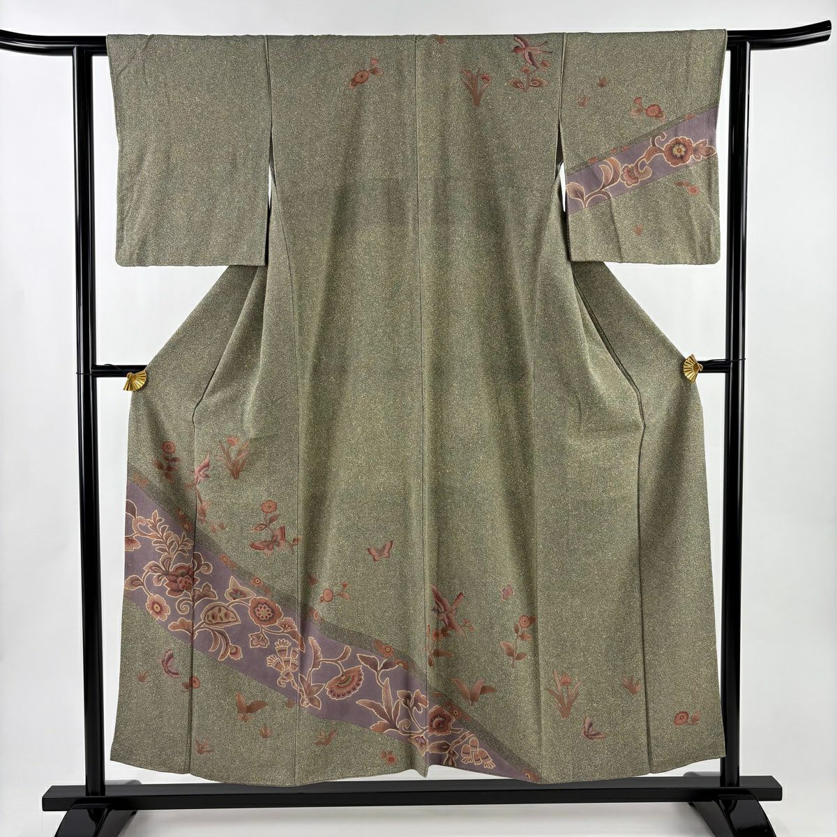 訪問服 身長154cm 袖長61.5cm S 雙層 草花紋紋 蝶 灰綠 純蠶絲 秀品級