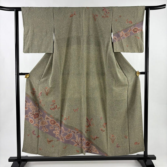 訪問服 身長154cm 袖長61.5cm S 雙層 草花紋紋 蝶 灰綠 純蠶絲 秀品級