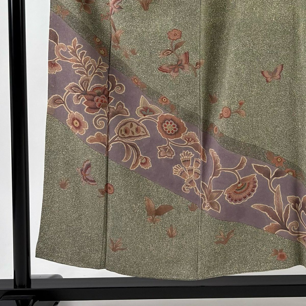 訪問服 身長154cm 袖長61.5cm S 雙層 草花紋紋 蝶 灰綠 純蠶絲 秀品級
