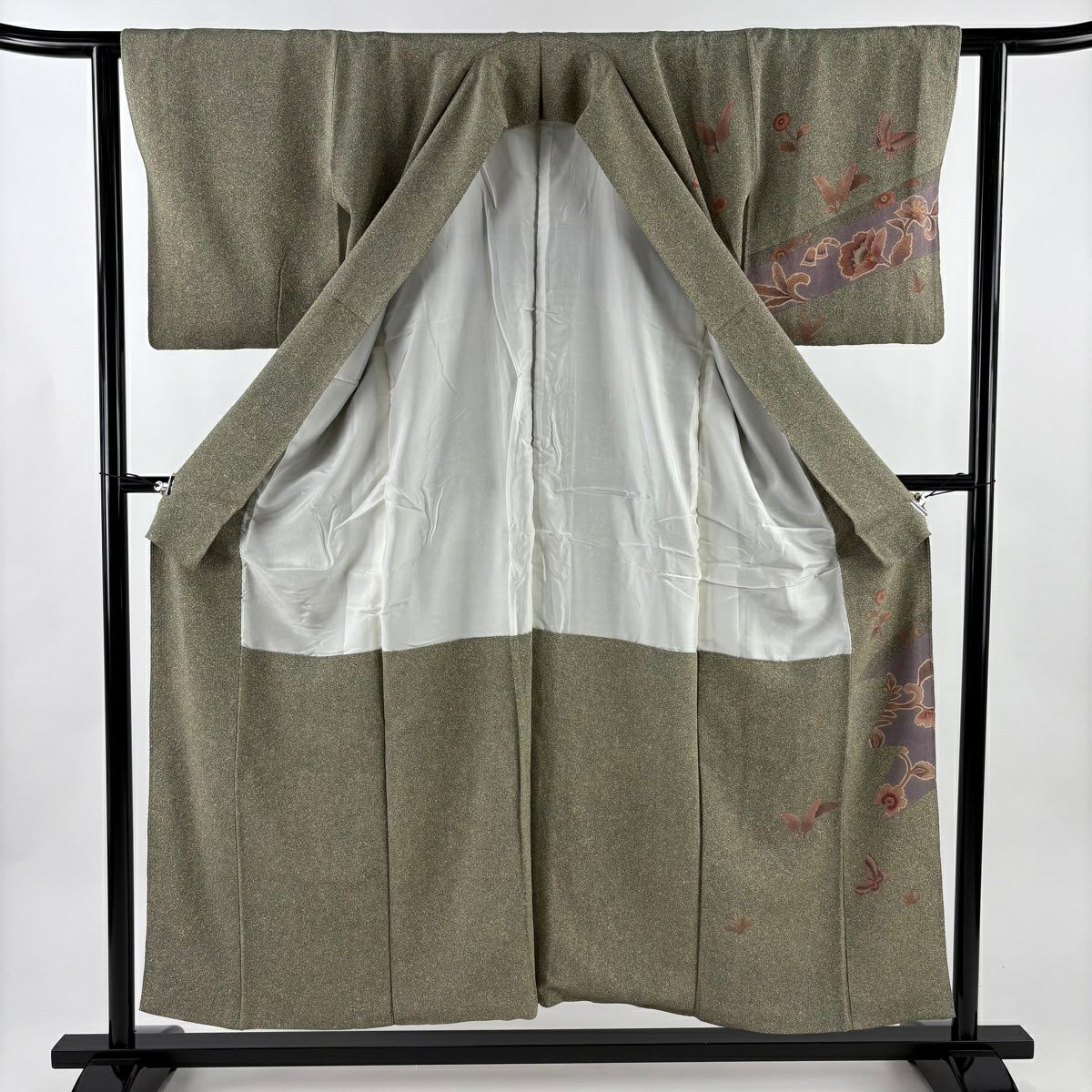 訪問服 身長154cm 袖長61.5cm S 雙層 草花紋紋 蝶 灰綠 純蠶絲 秀品級