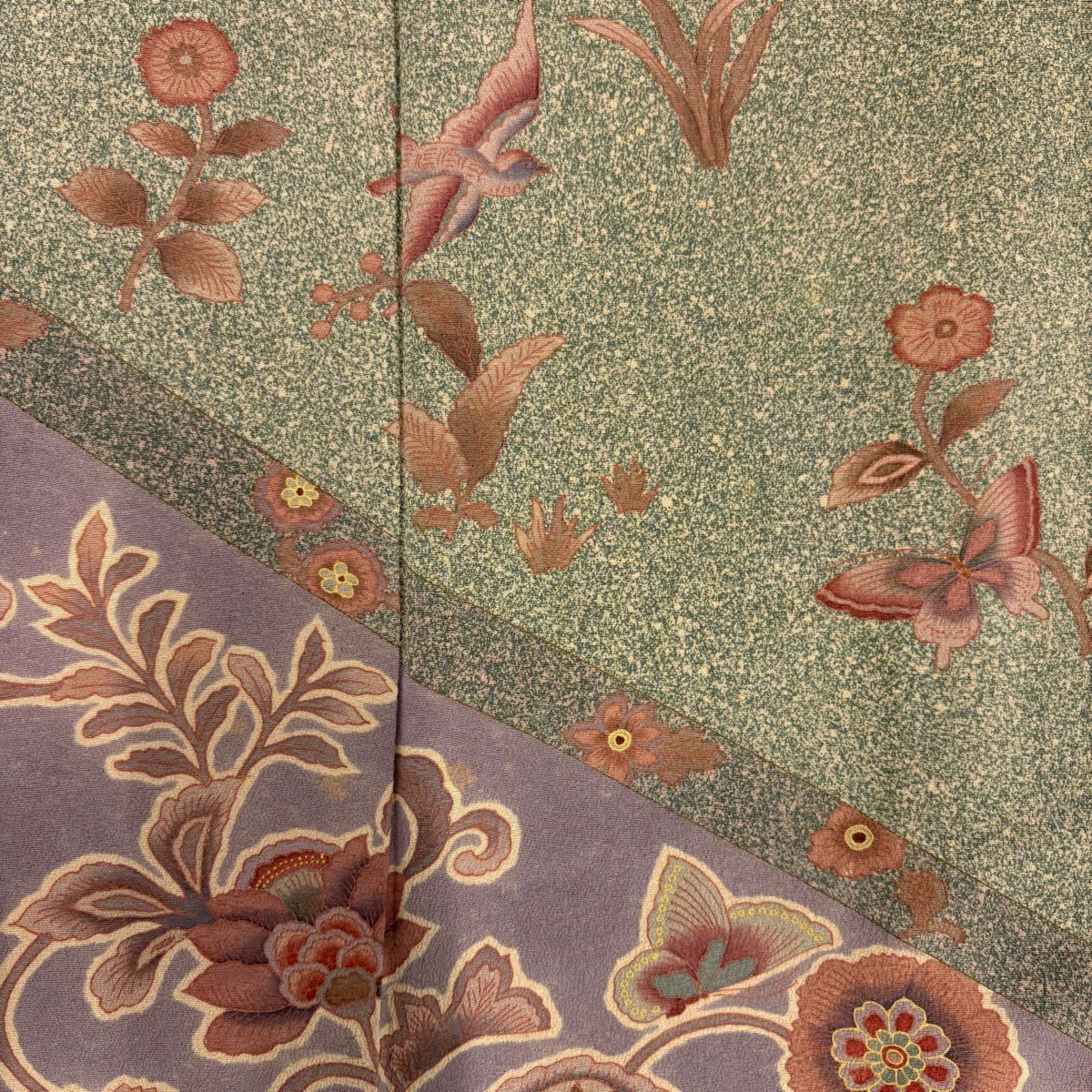 訪問服 身長154cm 袖長61.5cm S 雙層 草花紋紋 蝶 灰綠 純蠶絲 秀品級