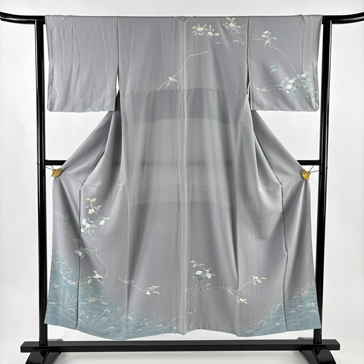 訪問服 身長152cm 袖長63cm S 雙層 落款あり 枝花 松樹 漸層 灰 純蠶絲 秀品級