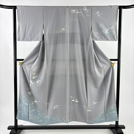 訪問服 身長152cm 袖長63cm S 雙層 落款あり 枝花 松樹 漸層 灰 純蠶絲 秀品級
