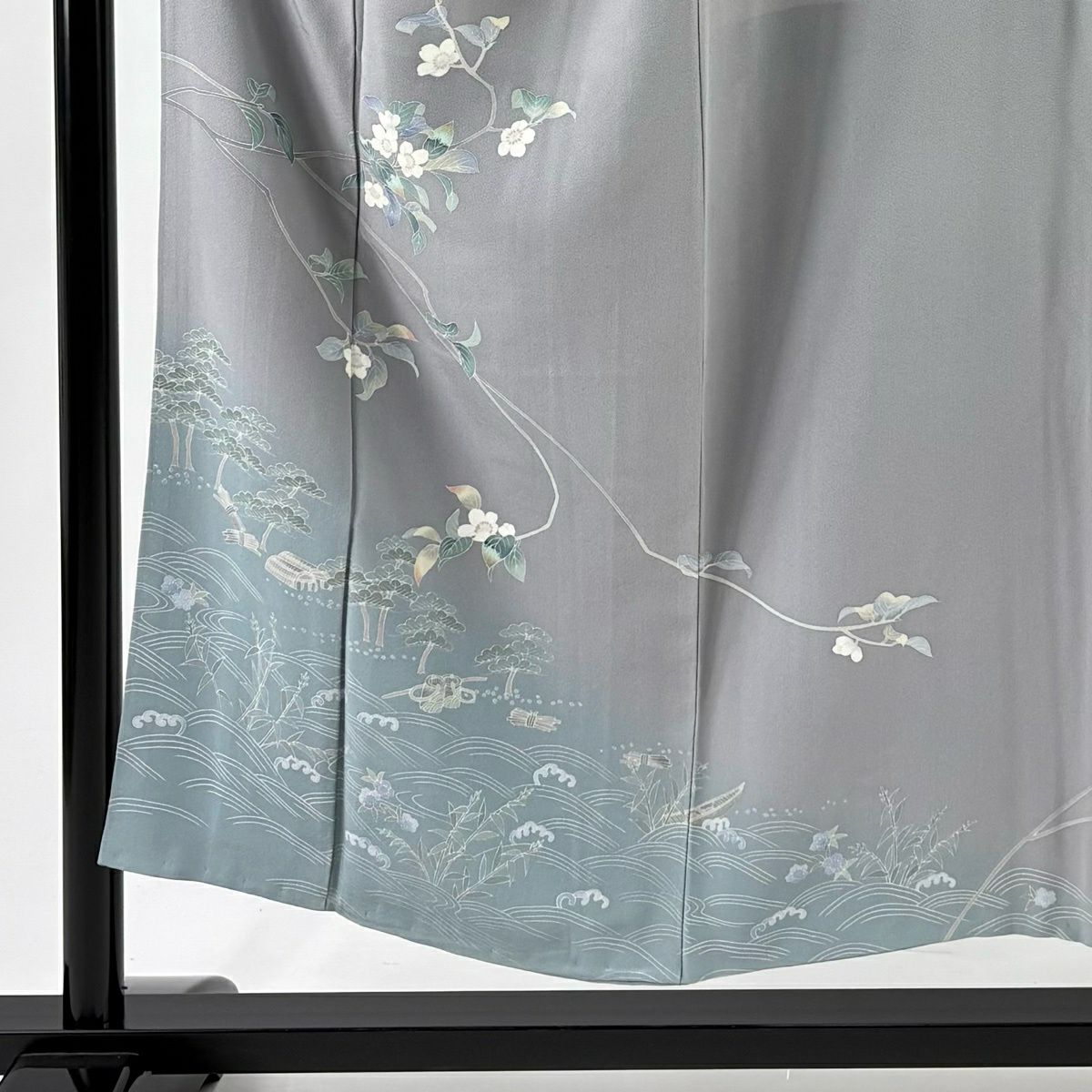 訪問服 身長152cm 袖長63cm S 雙層 落款あり 枝花 松樹 漸層 灰 純蠶絲 秀品級