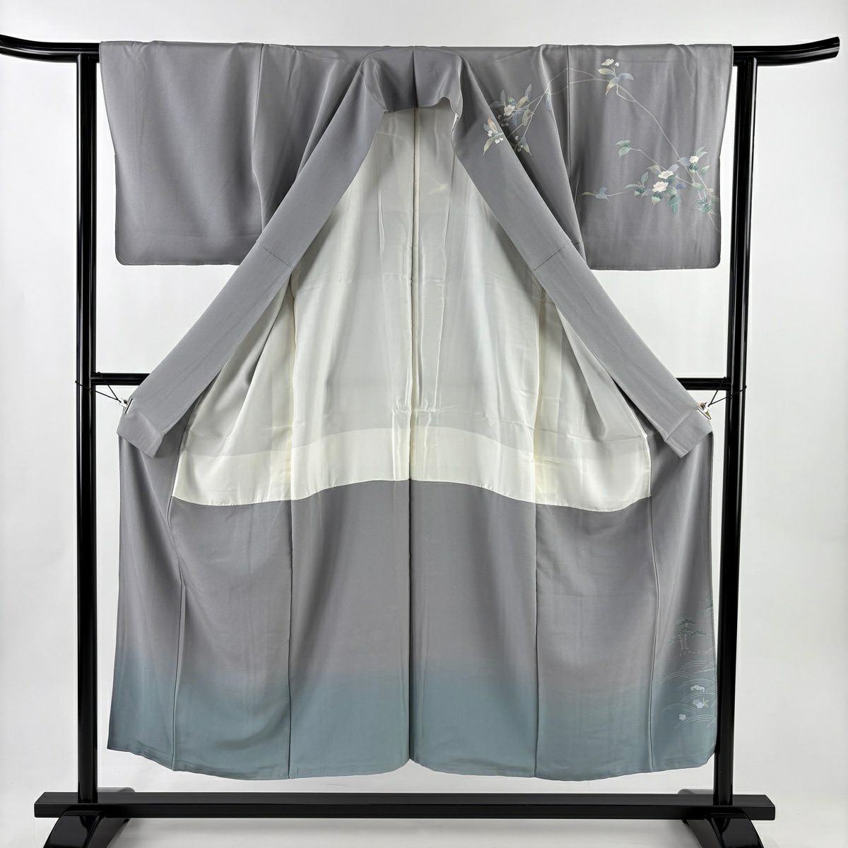 訪問服 身長152cm 袖長63cm S 雙層 落款あり 枝花 松樹 漸層 灰 純蠶絲 秀品級