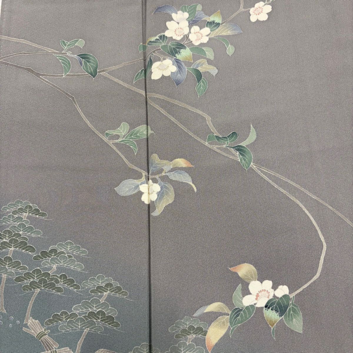 訪問服 身長152cm 袖長63cm S 雙層 落款あり 枝花 松樹 漸層 灰 純蠶絲 秀品級