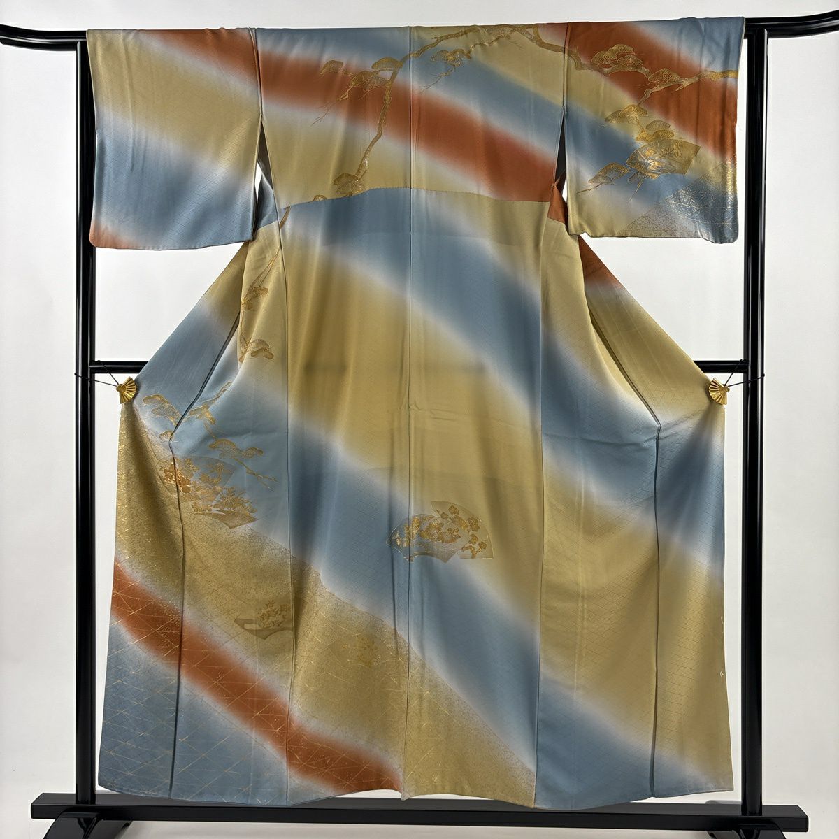 訪問服 身長156.5cm 袖長63cm S 雙層 扇子面 笠松樹 金銀彩 金絲 青灰色 純蠶絲 秀品級