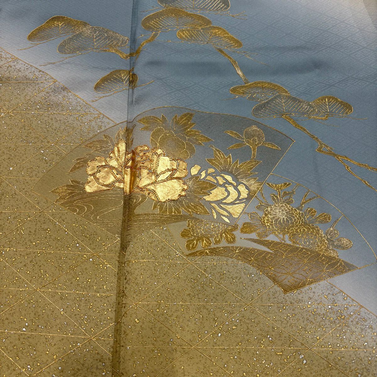 訪問服 身長156.5cm 袖長63cm S 雙層 扇子面 笠松樹 金銀彩 金絲 青灰色 純蠶絲 秀品級