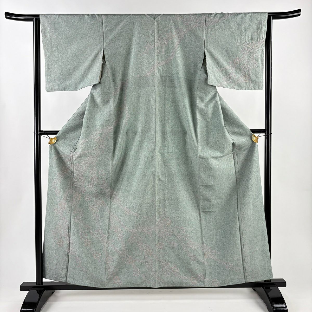 【美品】訪問服 身長159.5cm 袖長63cm S 雙層 ますいわ屋 紬織織 枝花絞染 金銀彩 灰綠 純蠶絲 秀品級
