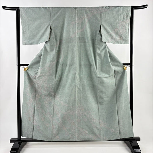 【美品】訪問服 身長159.5cm 袖長63cm S 雙層 ますいわ屋 紬織織 枝花絞染 金銀彩 灰綠 純蠶絲 秀品級