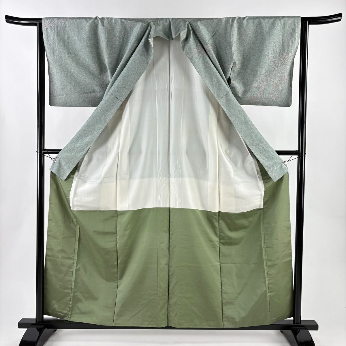 【美品】訪問服 身長159.5cm 袖長63cm S 雙層 ますいわ屋 紬織織 枝花絞染 金銀彩 灰綠 純蠶絲 秀品級