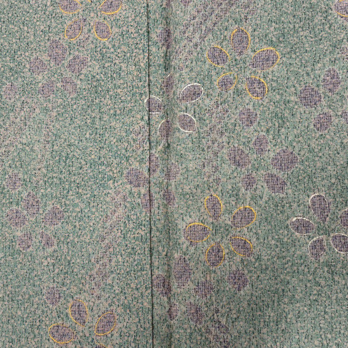 【美品】訪問服 身長159.5cm 袖長63cm S 雙層 ますいわ屋 紬織織 枝花絞染 金銀彩 灰綠 純蠶絲 秀品級