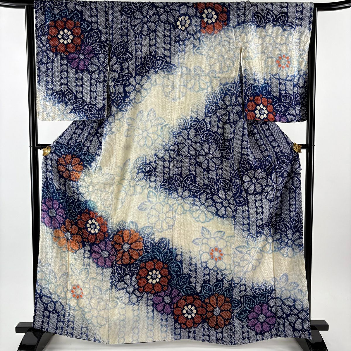 訪問服 身長164cm 袖長65.5cm M 雙層 草花紋紋 總絞染 漸層 深藍 純蠶絲 秀品級