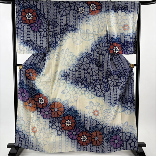 訪問服 身長164cm 袖長65.5cm M 雙層 草花紋紋 總絞染 漸層 深藍 純蠶絲 秀品級