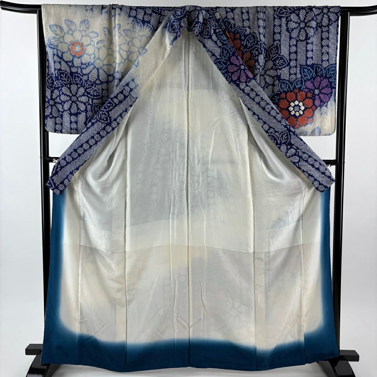 訪問服 身長164cm 袖長65.5cm M 雙層 草花紋紋 總絞染 漸層 深藍 純蠶絲 秀品級