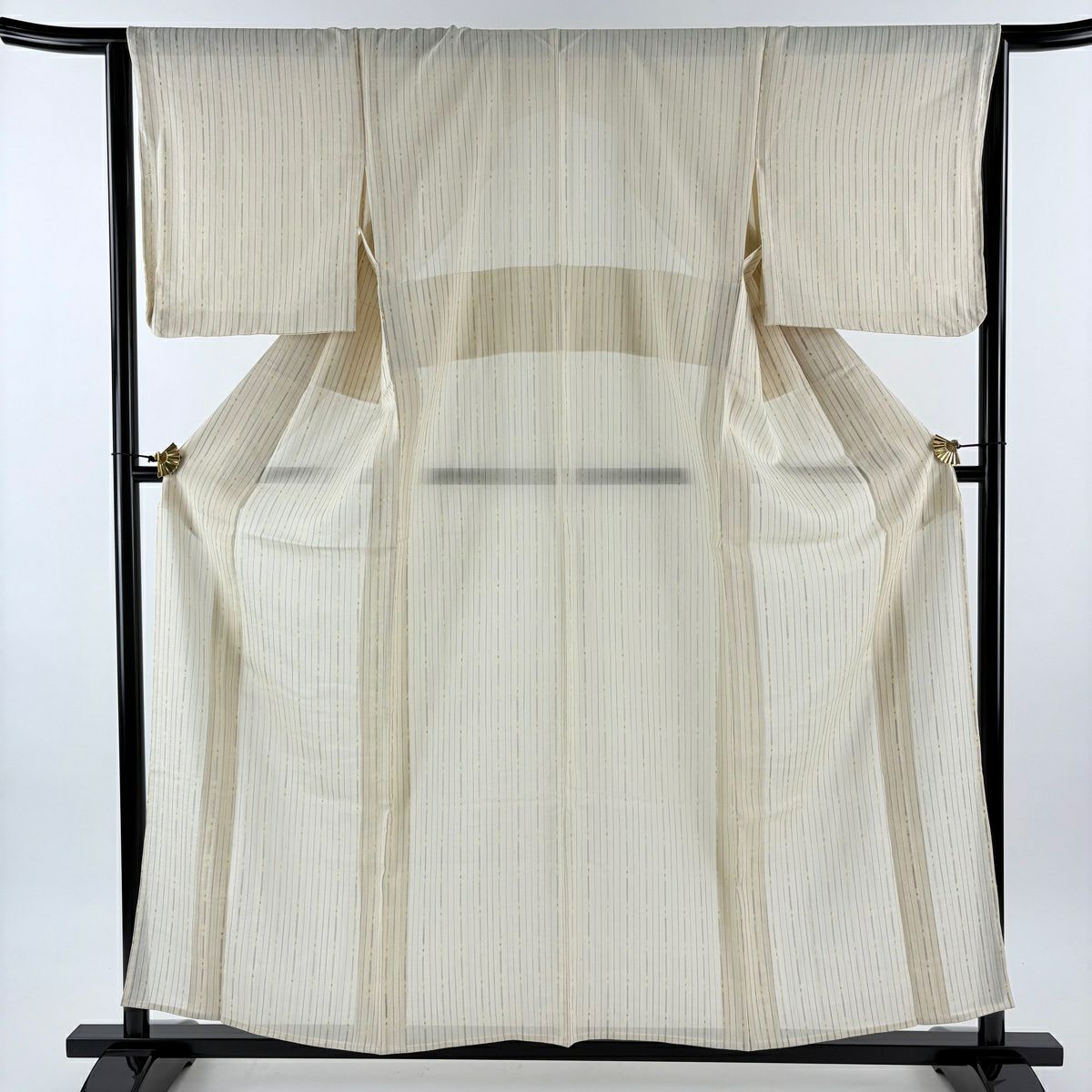【美品】 小紋 身長158cm 袖長64.5cm M 薄物 縱條紋 米色 純蠶絲 秀品級